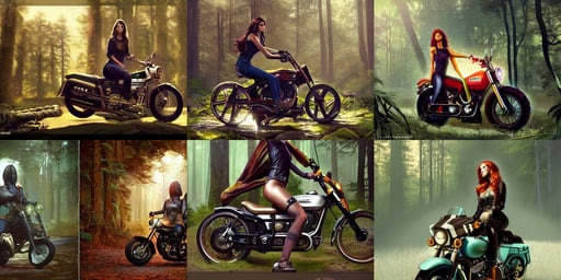 a clock integrated in the forest environment, revolver at side, beautiful South American female model, octane render - h 8 3 2, driving a harley Davidson retro motorbike, magnificent and gorgeous atmosphere ， matte painting ， rtx on ， by moebius, ellen jewett, art by WLOP and Artgerm and Greg Rutkowski, wlo and peter mohrbacher, transparent background, volumetric lighting. At background is luxury hall with soft lighting by Makoto Shinkai