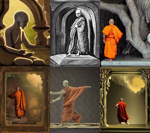 A monk guiding a lost soul through a vast dark world with Broken Statues of Deities, wry smile