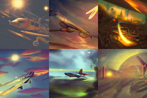 retro airplanes concept art, glow coming from amber veins in the ground, smiling + medieval setting, Pixiv