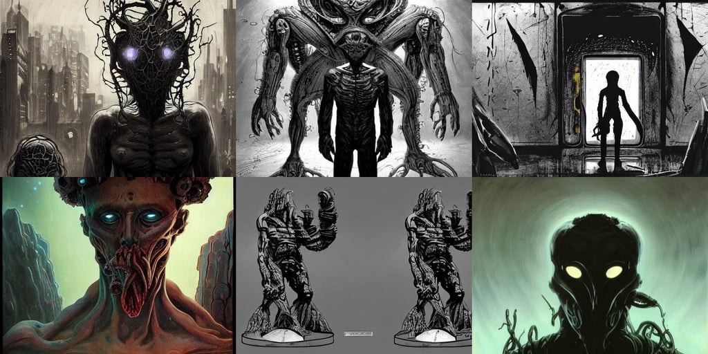 a boy surrounded by lovecraftian horrors, a man in galaxy suit wearing a mirror mask. In style of Yoji Shinkawa and Hyung-tae Kim, architectural scale, inspired by zdzisław beksinski, old scars, servando lupini, face very realistic, mystical!!, greg rutkwowski, criminals posing outside, perfect face!! intricate