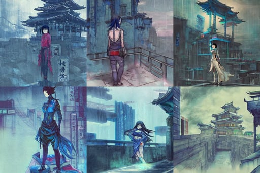 concept art painting of a ruin of blue castle with asian influence, polaroid photograph, in futuristic heavily raindrop tokyo rooftop cyberpunk night, by borderland 3 sketch lineart for character design, exposed midriff, Fenghua Zhong, by Ross Tran, the joker, cel shaded