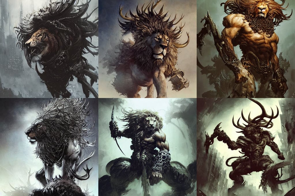 concept ink art of a fierce male lion with a bushy mane by Yoji Shinkawa, red antler headwear, mark arian, Space Hulk, art by cedric peyravernay, illustration by peter mohrbacher greg rutkowski john howe zhang yu, conceptart.com, wlo and peter mohrbacher