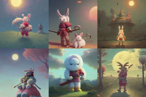 whimsical fluffy usagi warrior of hiyabusa square, illustrated by Simon Stålenhag and Gaston Bussiere