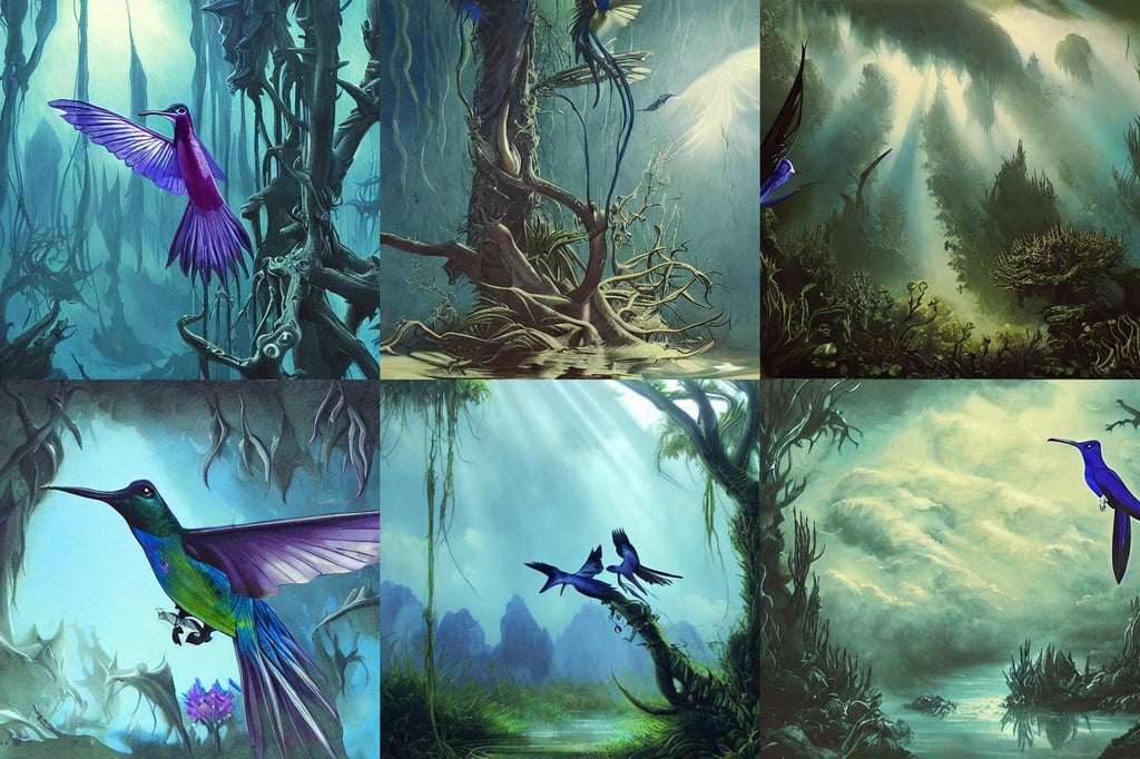 a cinematic masterpiece painting of gothic exotic alien mystical underwater forest of despair, colibri in a sunlit blue sky whith plump white clouds, and cannot help but confuse my gait. dark concept art, well drawn, by Audubon