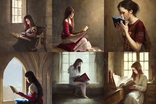 portrait of a midwestern american stoner girl student reading about the dark ages, painting by greg rutkowski photo by angelique boissiere art streiber