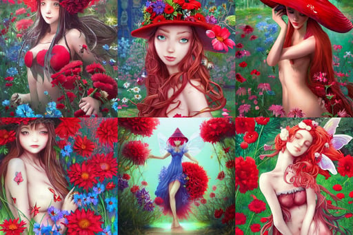 a portrait of a flower fairy surrounded by flowers, and red, by Emiliano Ponzi, realistic by Moekyon at Denbooru and Pixiv, Savage Worlds, hieroglyph, ( blue witch hat ), water splash, overgrown city by artgerm