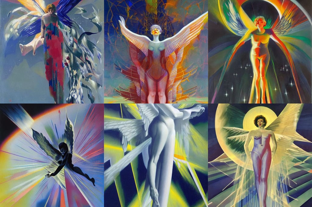 Dark matter space incubator angel by Wojciech Siudmak and Giacomo Balla, oil on canvas