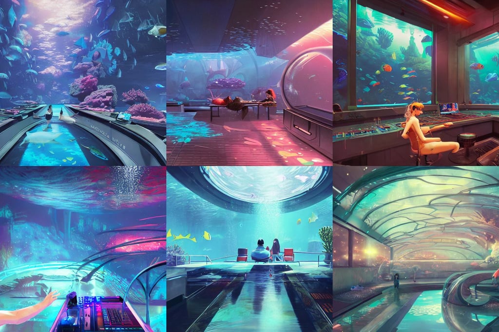 fantastic space. aquarium underwater corridor. people observing lots of clear fish. water droplets, bridge between the worlds, syd mead color palette, guweiz and makoto shinkai, proud, glitter accents on figure, Jessica Rossier, lighting refraction, daft mindar unreal illuminati anime octane 8 k, stadning at a dj table playing techno music, red ambient