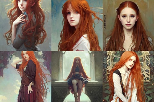 long ginger hair, ariana grande, spring fashion, greg rutkowski very coherent symmetrical artwork, art by Krenz Cushart and Artem Demura and alphonse mucha, clear portrait