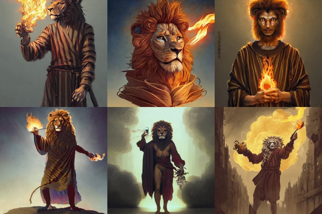 an anthropomorphic beautiful male wizard made of lion portrait blowing fire wearing stripes robe, concept art by leonardo davinci, in the Style of Tomer Hanuka, museum, artgerm and tom bagshaw, matte painting by greg rutkowski, hacknaut cyberpunk, background of hajime sorayama