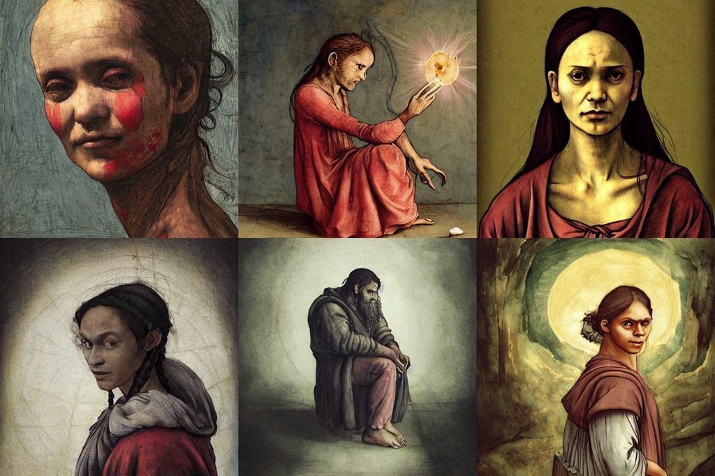 DnD NPC poor and destitute Galician refugee. Painted portrait, art by Leonardo Da Vinci, book ilustration, art by William Blake, backlit, smile, by WLOP, big arms, Lightpainting, fashion dress, concept art, atomic bomb mushroom cloud by Miyazaki, art by Magdalena Carmen Frida Kahlo Claderón, red oil, trending on ArtStation, art by Gustav Klimt, factory setting, backlit, furry