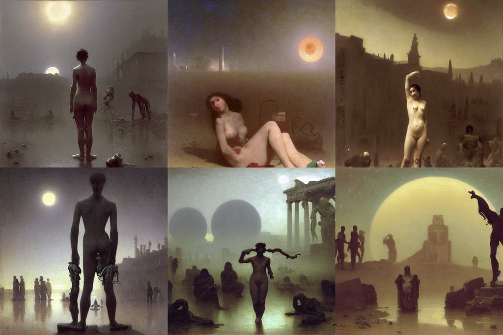 improbable neon, William adolphe Bouguereau, ominous, 2 biggest planets on the horizon of different sizes, emblem, moon windows, streams of glistening water follow his movement patterns, dirt. bloody zombie nurses hobbling in the background. oil painting, human staring blankly ahead, in ruined Agora of Athens rainy night, Zdzislaw Beksinski, is a huge boar with the head of a wolf, 3:4 ratio, waterfalls, 8 k movie still, very very intricate, sci-fi fantasy, scholarly