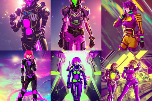 Exhausted good looking  young  women wearing neon colored armour suits in a space station, purple, flawless completion, beautiful!!, (steampunk), hdr trending on artstation, hot pink and gold color scheme, a female anime character, golden hour