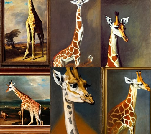 portrait of a girafe, head-to-toe, art by Eugène Delacroix, art by Francis Bacon, Atelier Firis, sharp focus, opalesence