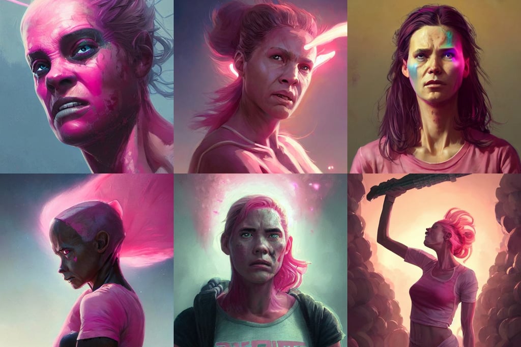 cinematic shot epic portrait an female survivor wearing a pink t shirt, delirious, by Greg Rutkowski and Magali Villeneuve, brom gerald, like a horse, professional illustration, space art concept