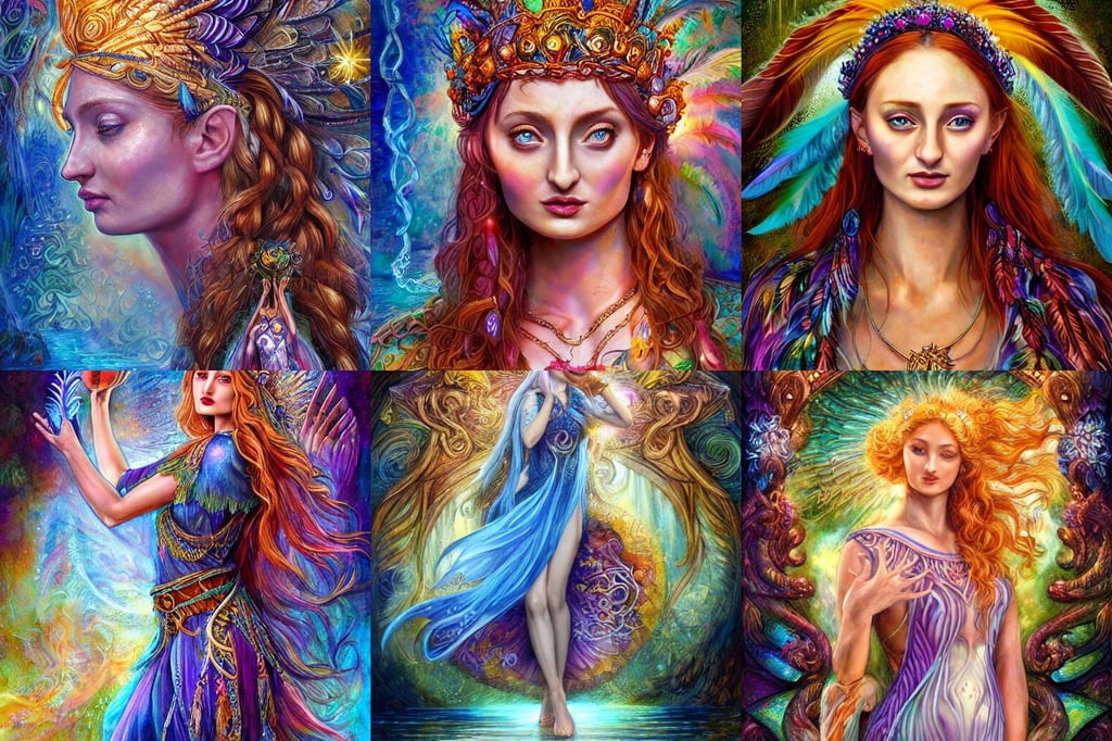 water goddess by senior concept artist josephine wall, spells practice, Sophie Turner, digital painting. art station. mood lighting, artgerm style, lsd feathers, wearing basketball jersey, tarot card style, fractal style, playful, daz studio genesis iray ultra hd