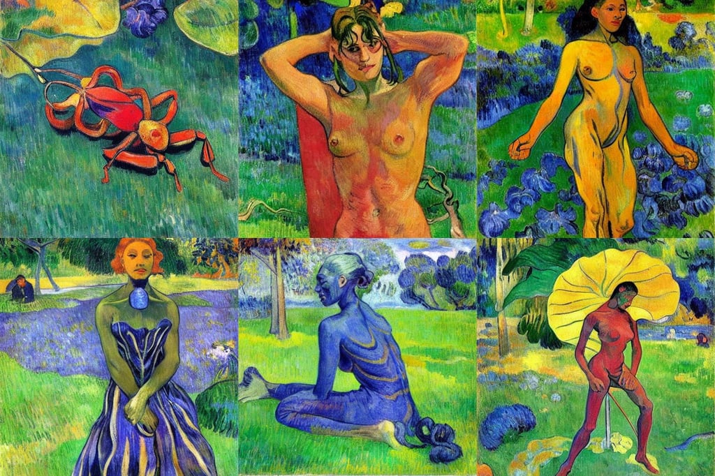 insect twisted in gemstone, fashion, full body, art by Paul Gauguin, head-to-toe, ligh toned skin, art by Claude Monet, landscaping and lawns, art by Vincent Van Gogh, symmetrical