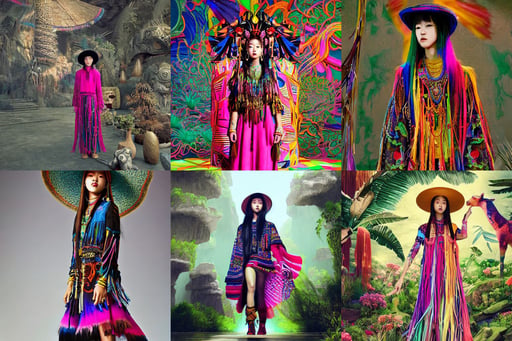 jisoo of blackpink, he is wearing a vibrant multicoloured tunic and a wide brimmed straw hat with tassels on, flowing dress and meets mystical animals, the modern reincarnation of the old selenium god of hunt, brutalist interior of a space colony, features intricate detail and the style of unreal engine.