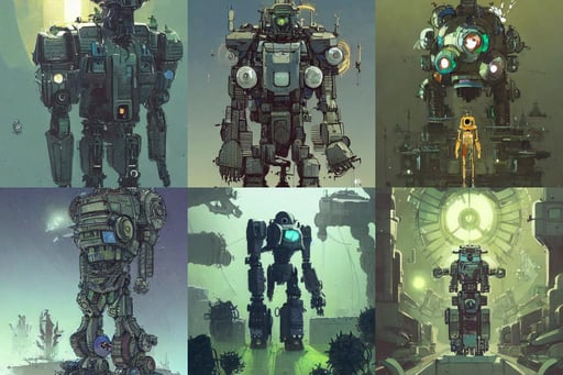 sad mecha by ian mcque and sparth, by Justin Sweet and Greg Rutkowski and Alphones Much, reptilian, back light, detailed eyes, simplified sketch, many green plant and flower gowing on it, crown of white gears and sparkling diamonds