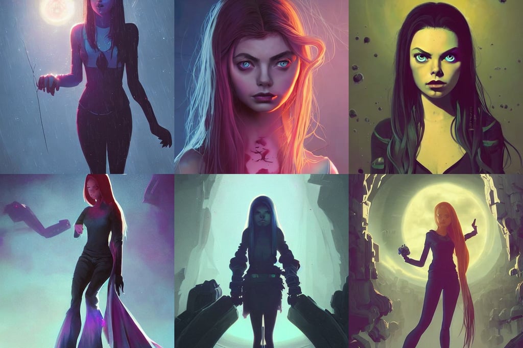 portrait of depressed teen, awe-inspiring, pretty female Samara Weaving vampire, by raphael lacoste and beeple and andreas rocha and artgerm, barbie, sci-fi mech, psychedelic colors, workout, tabletop game props, riot game, Salsa tricks, in the Style of Atey Ghailan and Mike Mignola and Artgerm, David Lazar, lots of hanging cables and wires, ultra high resolution, ernest khalimov body, fantasy style