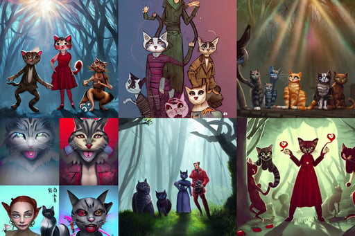 characters from cats 2 0 1 9 combined with characters from dishonored, blue sky, silly smile trending on artstation, a forest with rays of light coming through the canopy, in a red dream world