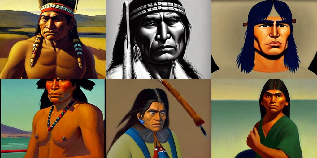 a stunning and noble highly detailed portrait of a native american warrior by edward hopper, osamu tezuka, maya engine on stylized background