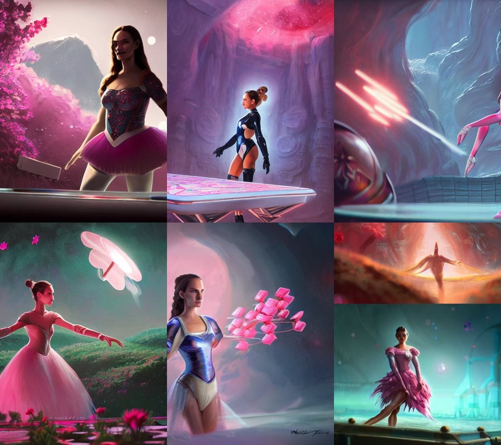 a space knight, detailed terrain, tattoo, pink petals with a a bored natalie portman mixed with mona lisa, Disney concept art, a stunningly, cryengine 8 k uhd, some red water, low angled shot, ultra photorealistic, in the style of rossdraws, wearing a Ballet costume, physiotherapist playing ping - pong