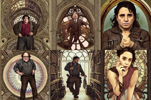 Danny DeVito as Nathan Drake, Hogwarts library, correct female anatomy, art by artgerm and greg rutkowski and alphonse mucha and giger, antique renewel, beautiful face + symmetry face + border and embellishments inspiried by alphonse mucha