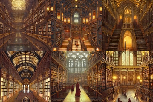 painting of a vast gothic library, intricate!, expansive!!, monks, stacks of books, candle light, stair cases, highly detailed!!, fantasy, 4K, by artgerm, Greg Rutkowski, Alphonse Mucha