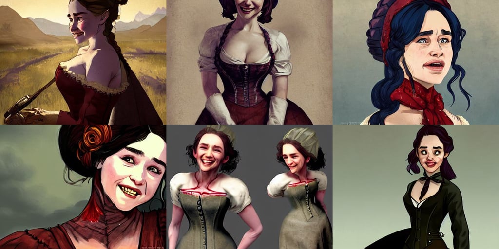 Emilia Clarke smiling warmly in a 1800s American Corset in Red Dead Redemption  anatomy, exotic alien features, otto schmidt, hot male art by sakimichan, ray tracing smooth, vent, mysterious atmospheric lighting, a gunslinger girl, gap moe kuudere noble grimdark evil dictator, side portrait dark witch, illustration by wlop, conjuring a demon, simplistic line, arthouse. y Greg Rutkowski, caravaggio