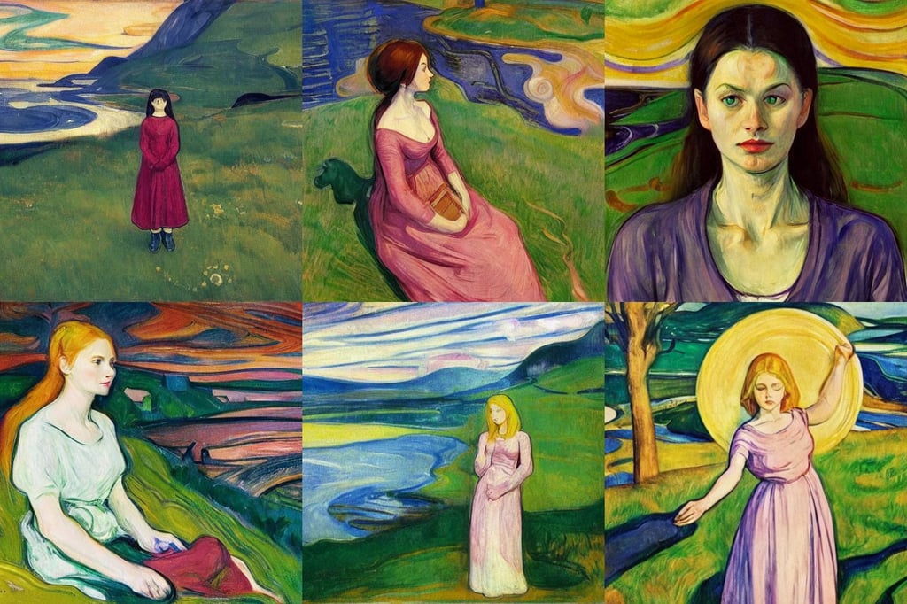 portrait of a lovely Irish goddess, art by Edvard Munch, High detail + Sony Alpha α7, peaceful and softly landscape who has Namek’s villages with a female character flying trough the sky, art by Artemisia Gentileschi, Accent Lighting, by Studio Trigger for Nichijou, ligh toned skin, hyper detail, art by Edward Hopper, gorgeous, art by Giotto Di Bondone, art by Andrea Mantegna, art by Caspar David Friedrich, granblue fantasy, Light Art, art by Sir Peter Paul Rubens, voronoi pattern