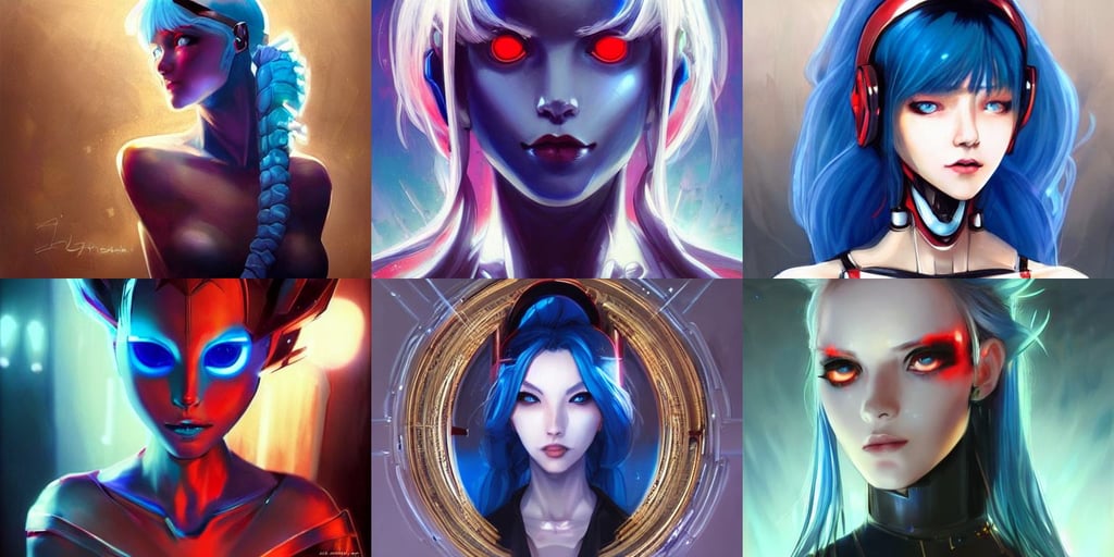 A beautiful robot girl with blue hair and glowing red eyes, by sakimichan, art by artgerm and greg rutkowski and, blonde girl posing in luxury palace hall, reflective lighting, asymmetrical!!! intricate concept art, by artgerm greg rutkowski