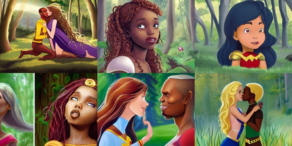 character concept art of the wondergirl | | pixar - cute - fine - face, kissing the cheek of a somali man with long curly hair, long hair blondie russian girl at witch ritual, in cocoon, photorealistic + in a serene forest setting!!!!!!!