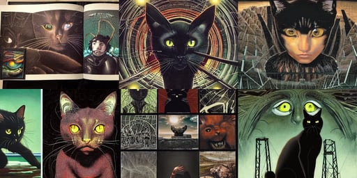 a black cat surprised, photorealistic cinematic hyper-detailed, power lines, binary code, art by Andrea Mantegna, art by Michelangelo Merisi Da Caravaggio, by tsutomu nihei, Dan Mumford and Studio Ghibli, green eyes, art by Nicolas Poussin