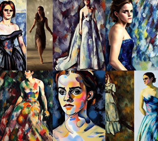 Emma Watson wearing a dress made of crystal, art by Domenikos Theotokopoulos, high octane render;, art by Jackson Pollock, outerspace, art by Paul Cézanne, Ultra HD, art by Diego Velázquez