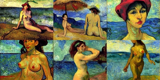 Elf woman in bikini, art by Vincent Van Gogh, art by Francis Bacon, art by Paul Gauguin, Kangol, art by Joseph-mallord William Turner, illustrative