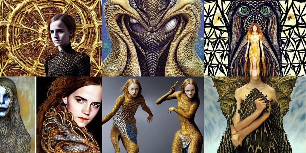 cute female wizard emma watson, anthropomorphic, liberty, lizardscaled lattice buildings smeared in mercury are designed by iris van herpen, art by Tiziano Vecellio Di Gregorio, cute, art by Gustav Klimt