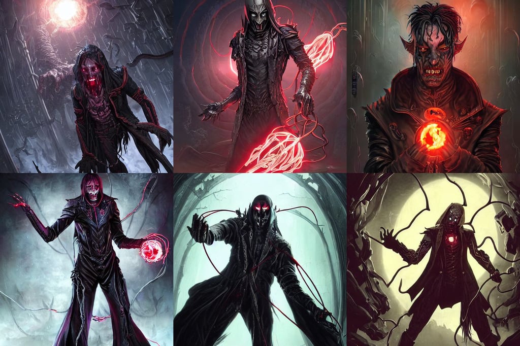 legendary creepy dark elf wizard, vampires with bloody fangs, thin glowing wires, shadow hunter vol'jin, phobos, art by wlop and artgerm and liam wong, ristan eaton, black main color, wearing round thin - rimmed glasses and a leather jacket, by david a. hardy, battle-damaged ruby Ultron from Age of Ultron