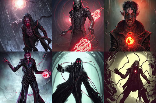 legendary creepy dark elf wizard, vampires with bloody fangs, thin glowing wires, shadow hunter vol'jin, phobos, art by wlop and artgerm and liam wong, ristan eaton, black main color, wearing round thin - rimmed glasses and a leather jacket, by david a. hardy, battle-damaged ruby Ultron from Age of Ultron