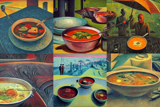 A bowl of soup by Simon Stålenhag and Umberto Boccioni, oil on canvas