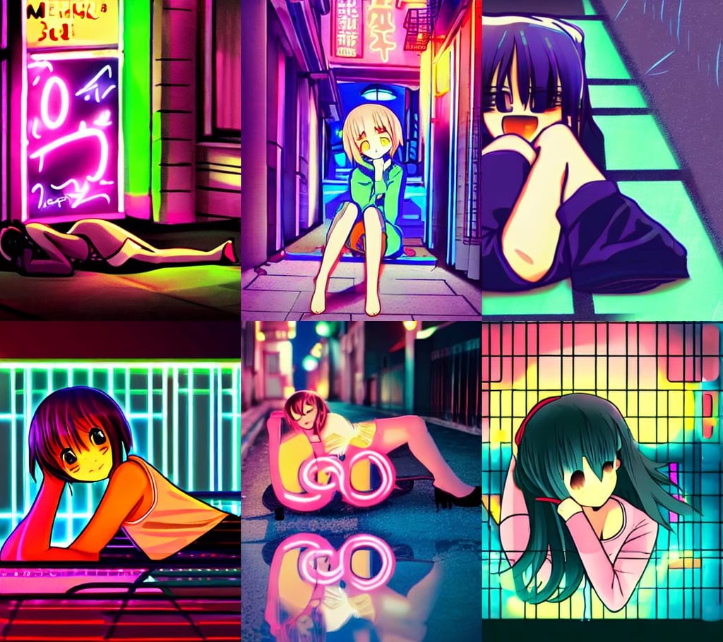 a cute anime girl sleeping!!! in a neon lit street