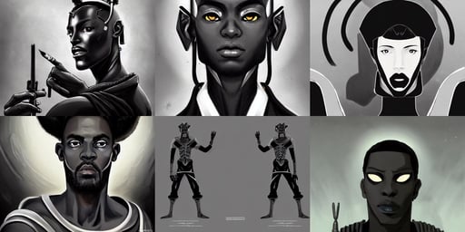 symmetry!! portrait of black pharaoh, war veteran, painting behind them, dark grey! thin beard, background ancient alien landscape, in the style of artgerm and charlie bowater and atey ghailan and mike mignola, sci-fi concept art, illustration painting by giger, solid bacgkround, he is wearing a white and black utility jumpsuit