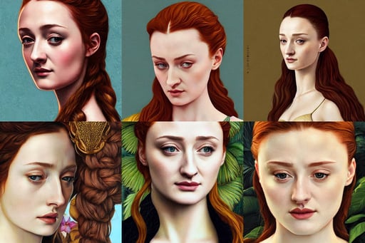 sansa stark in gold, 100mm lens, Hyper-realistic, tropical, decadent highly - detailed digital painting, style of Caravaggio, realistic by Sachin Teng