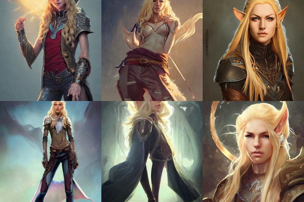 portrait of a wise blonde elven mage, wearing scratched and ripped short leather jeans, concept art by artgerm and greg rutkowski, retro vibe, marco bucci, tatsuyuki tanaka hd