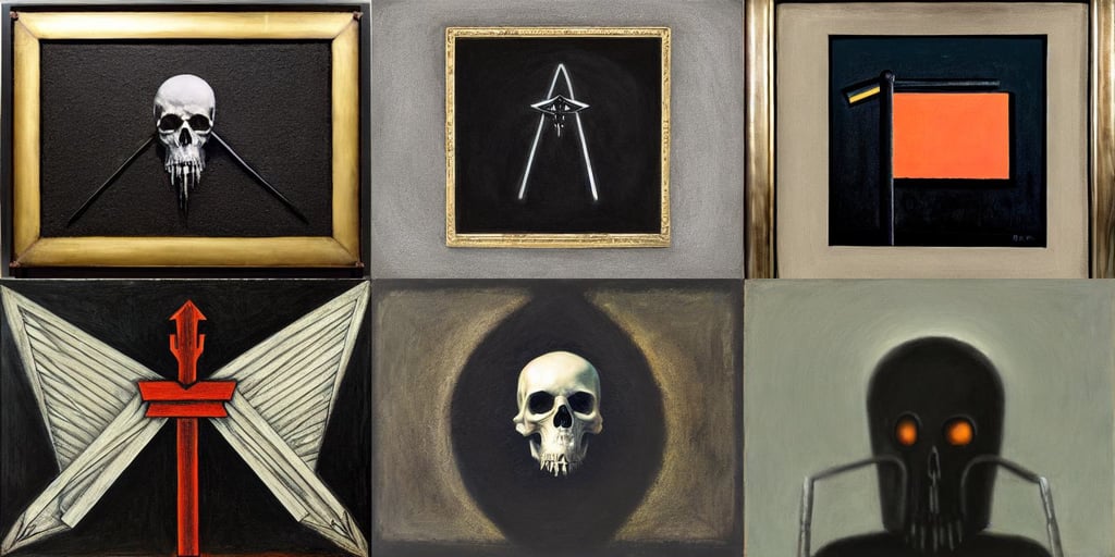 Death, a chalk scythe emblem on a black square, by Dan Witz, oil on canvas