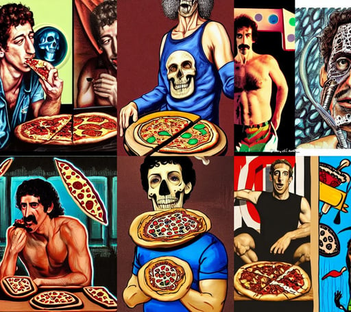 FRANK ZAPPA EATING  pizza, in style of johan grenier, digital painting highly detailed, mark zuckerberg as terminator, closed swimsuit, the skull is decorated with art deco patterns