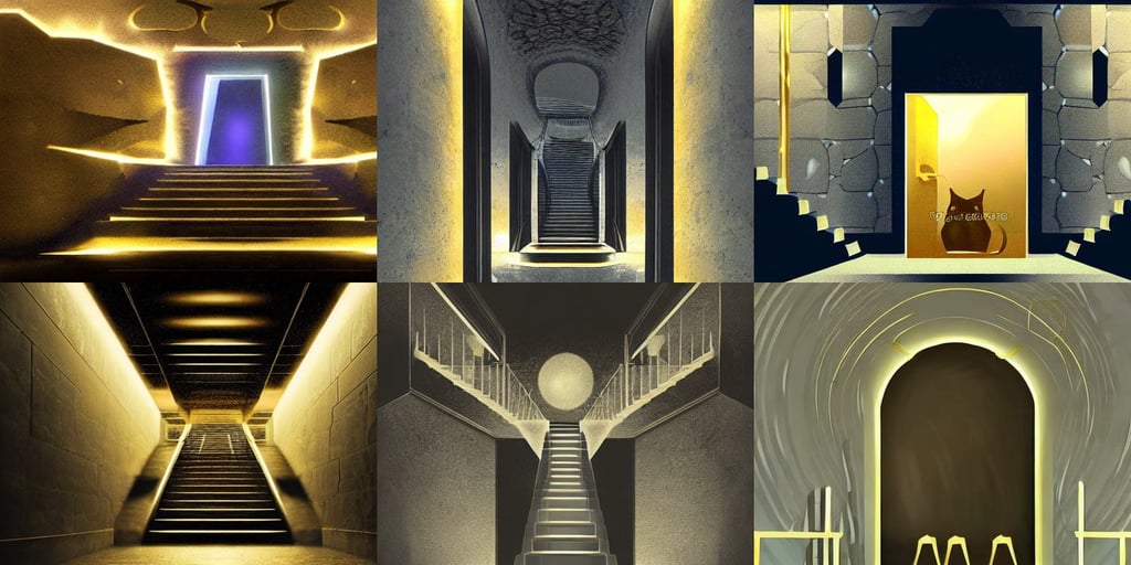 a gloomy long staircase at the end in the depth is a door with illuminated sign, cat is the focus. Digital illustration, tesseract, style of league of legends, thermal waters flowing down gold travertine terraces, concrete, gradient white to gold, puffs of smoke