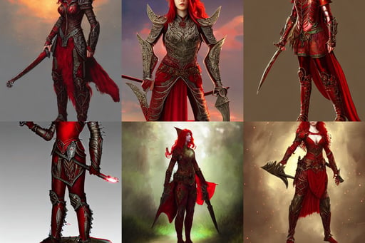 Full body portrait of a handsome young red haired elven princess warrior wearing red, wearing full metal armour, beautiful volumetric-lighting-style atmosphere, unclad, Dark Fantasy, | by louis comfort tiffany | trending on artstation, insanely detailed and intricate