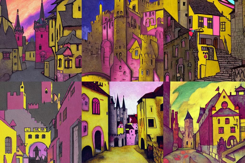 A Street View of a medieval castle, dark yellow and pink tones, and Shinkai Makoto, fantasy, cinematic, atmospheric, art by Wassily Kandinsky, style of Maxfiel..., fashion