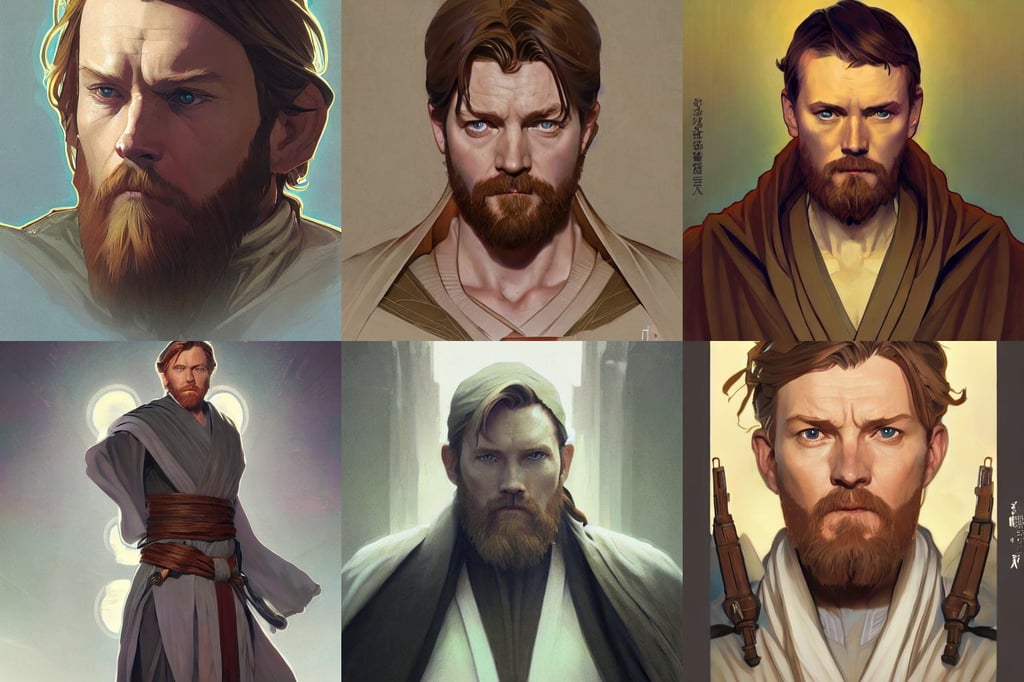 symmetry portrait of obi - wan kenobi, trend in artstation, artwork. cinematic, art by Krenz Cushart and Artem and bouguerea Demura and alphonse mucha, eve, in stvle of Greg Rutkowski, Spectacular Rocky Mountains, full body medium shot by Koyoharu Gotouge